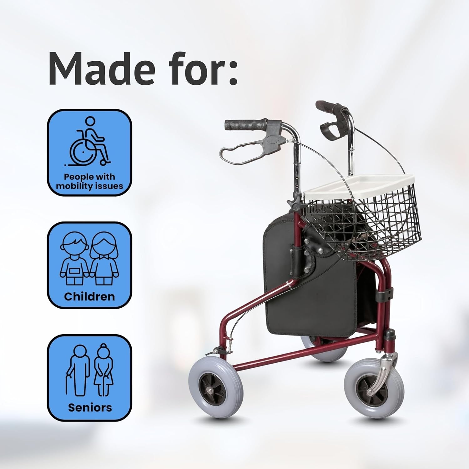 3 Wheel Rollator Walker Lightweight Folding Basket Tray Lockable Brakes