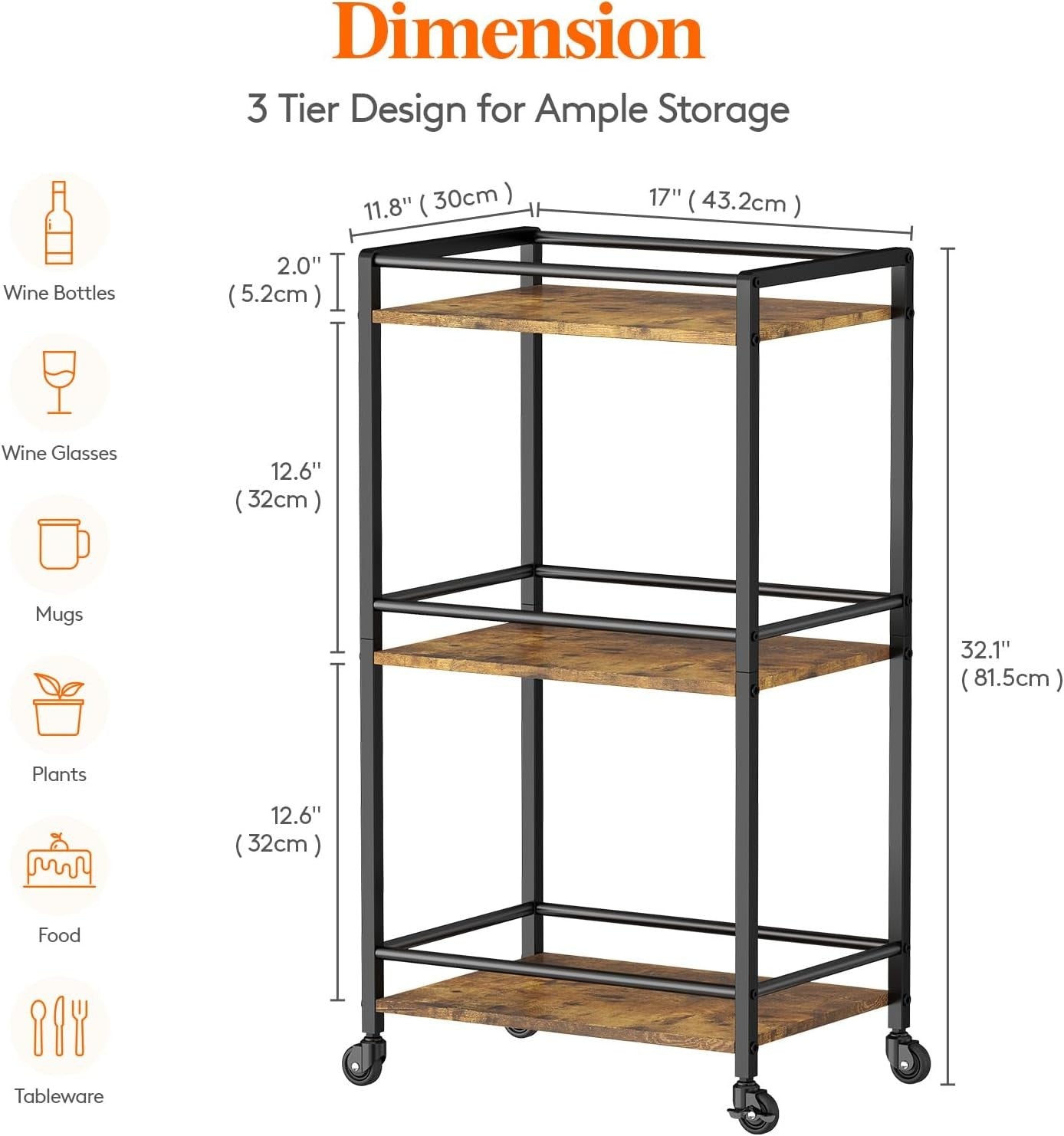 3 Tier Drinks Trolley Bar Cart on Wheels Rustic Serving Cart with Storage