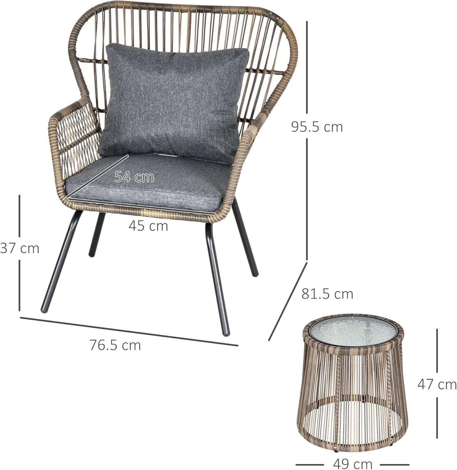 Luxury Rattan Bistro Set 3PC Woven Chairs Glass Table Cushioned Patio Grey
