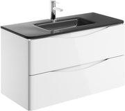 900mm Wall Hung Vanity Unit White Gloss with Grey Glass Basin Bathroom Storage