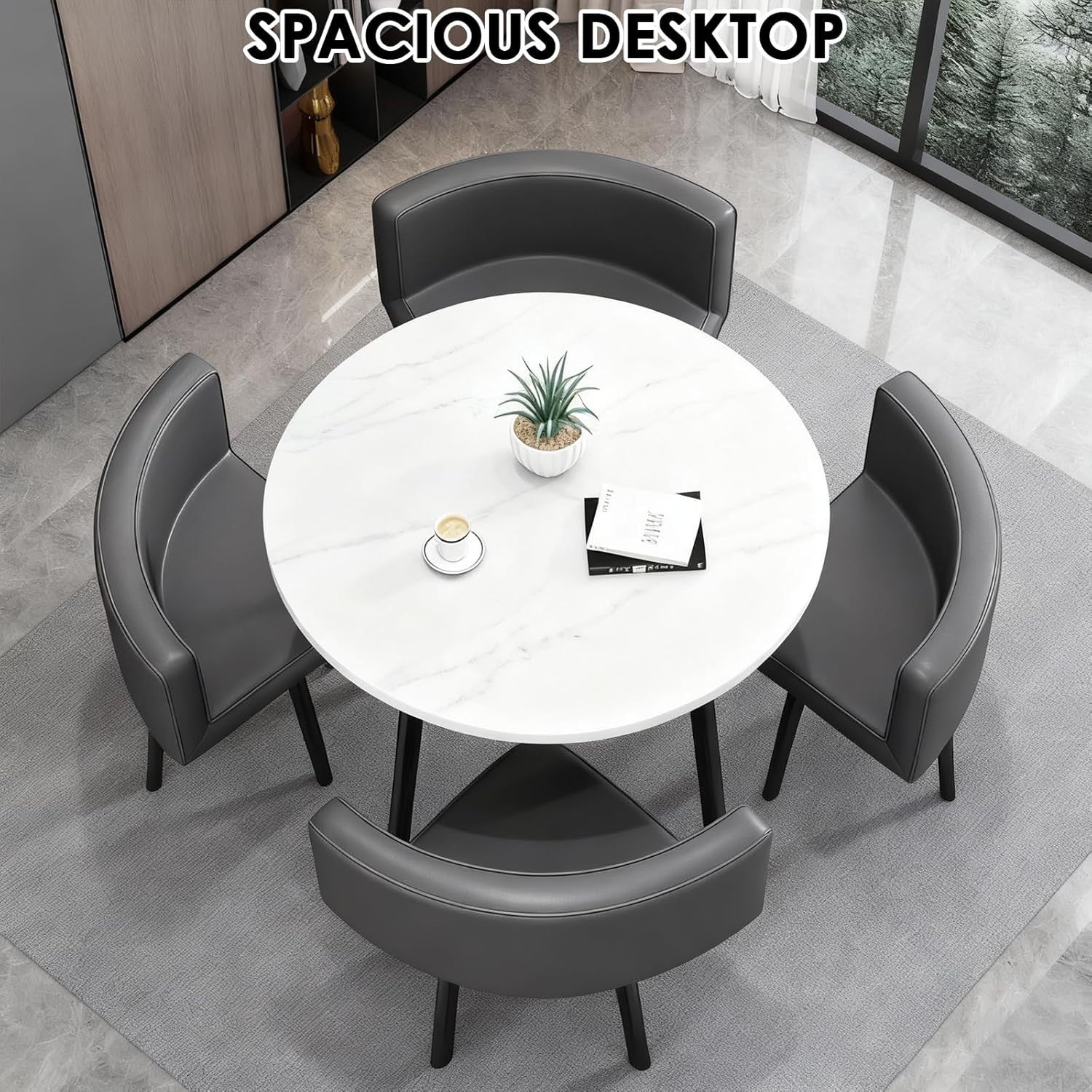 Modern White 35.4" Dining Table Set w/ 4 Chairs – Space-Saving Faux Marble
