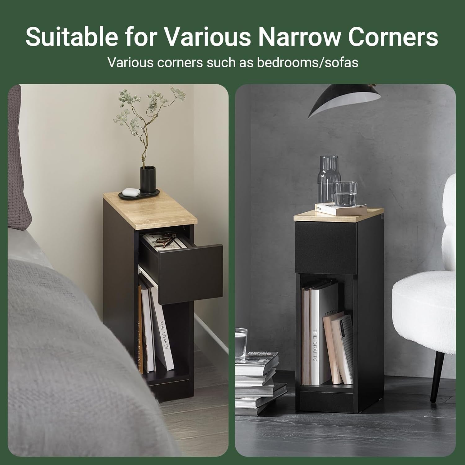 Set of 2 Slim Black Bedside Tables with Drawer & Shelf | Modern Narrow