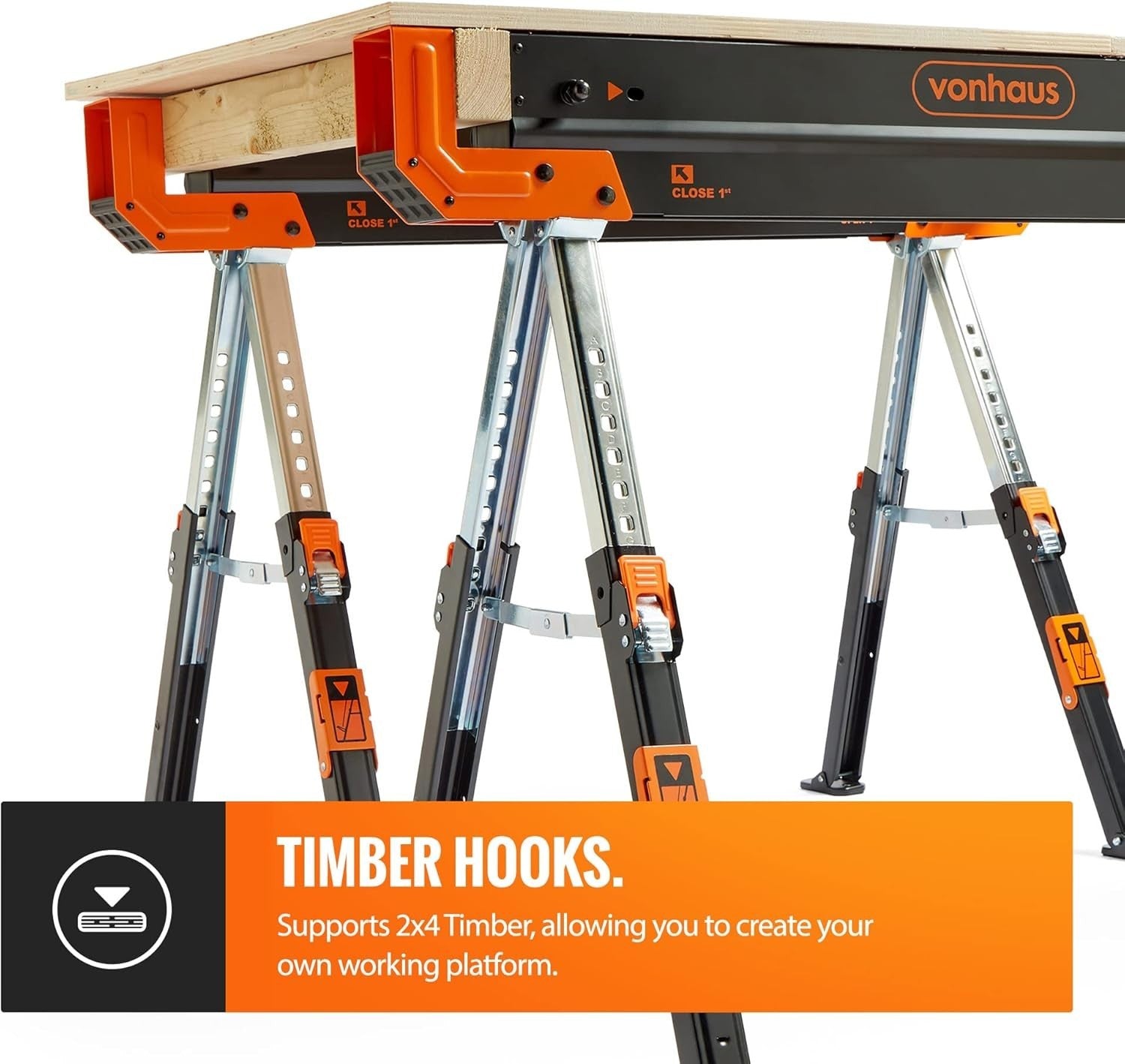 Heavy Duty Folding Sawhorse Twin Pack 1178kg Load 9-Height Adjustable Stands