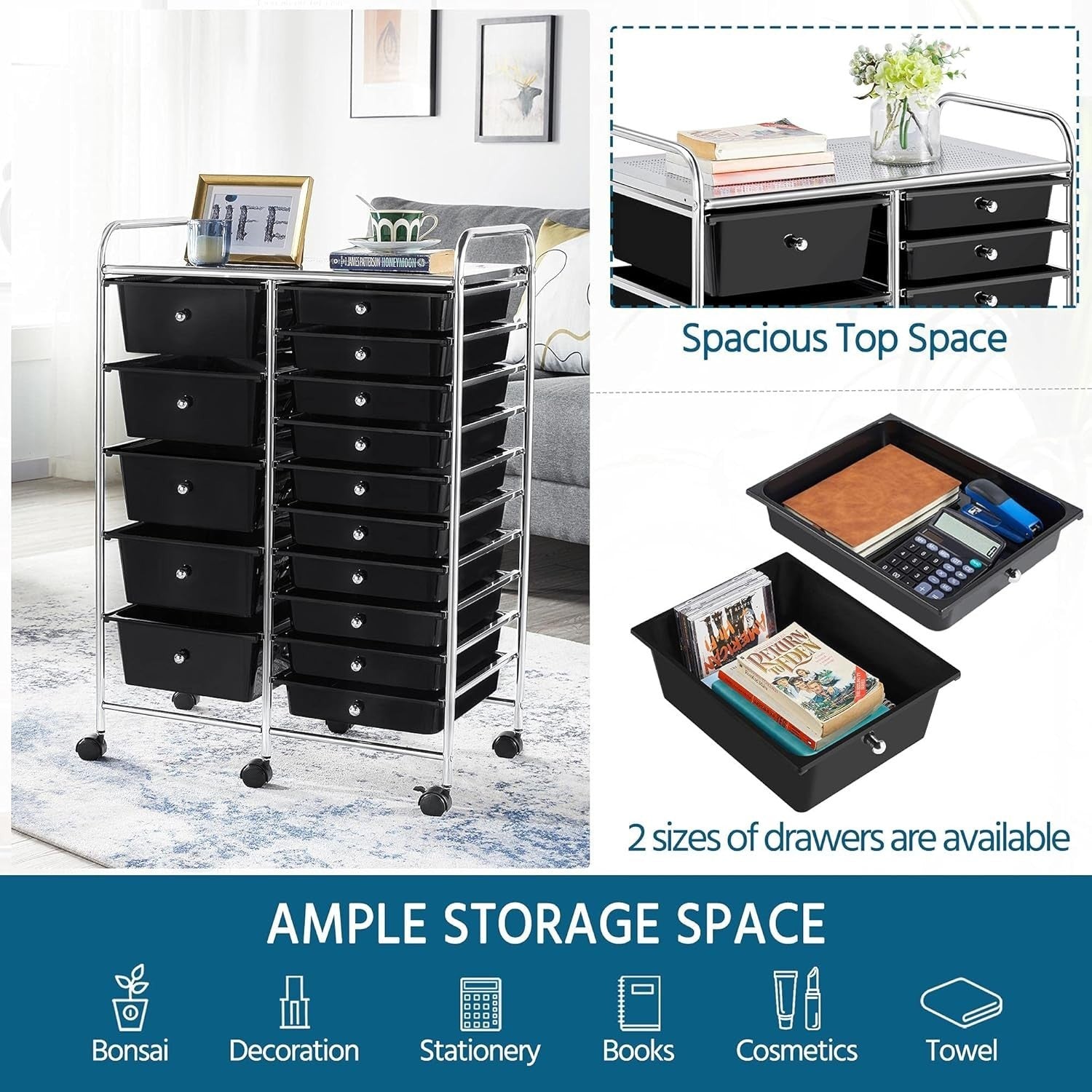 15 Drawer Rolling Storage Cart Organizer Trolley on Wheels Black