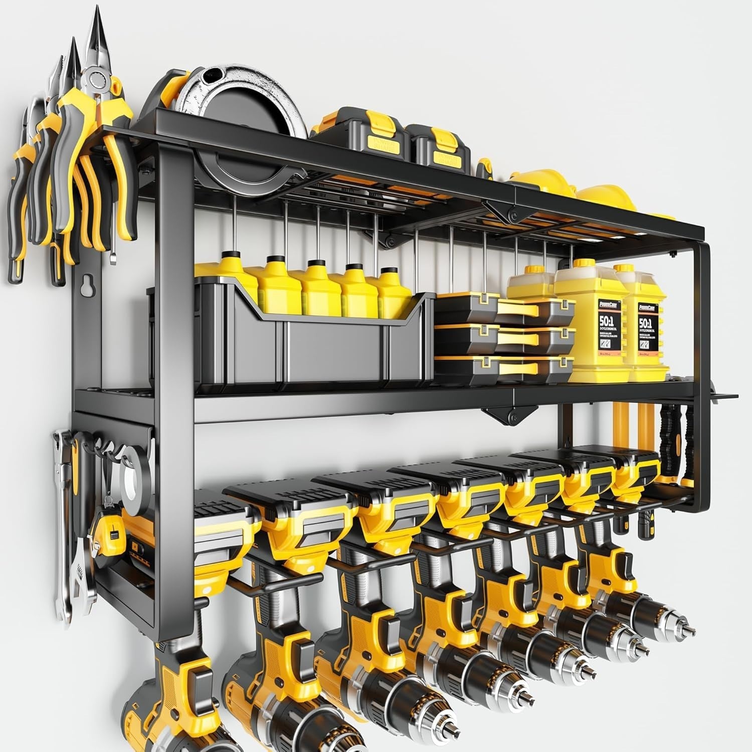 3-Tier Wall Mounted Power Tool Organizer 7 Slots Alloy Steel