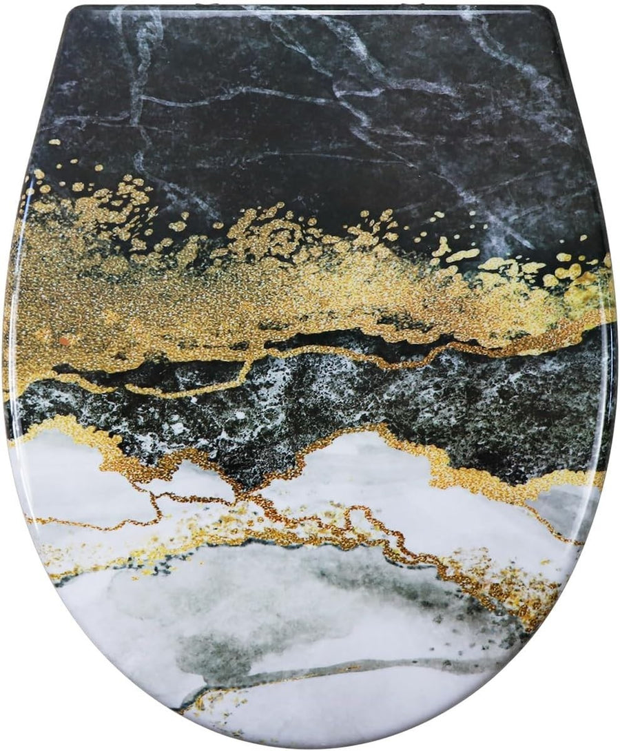 Marble Effect Toilet Seat Soft Close Quick Release Top Fix 45x37cm