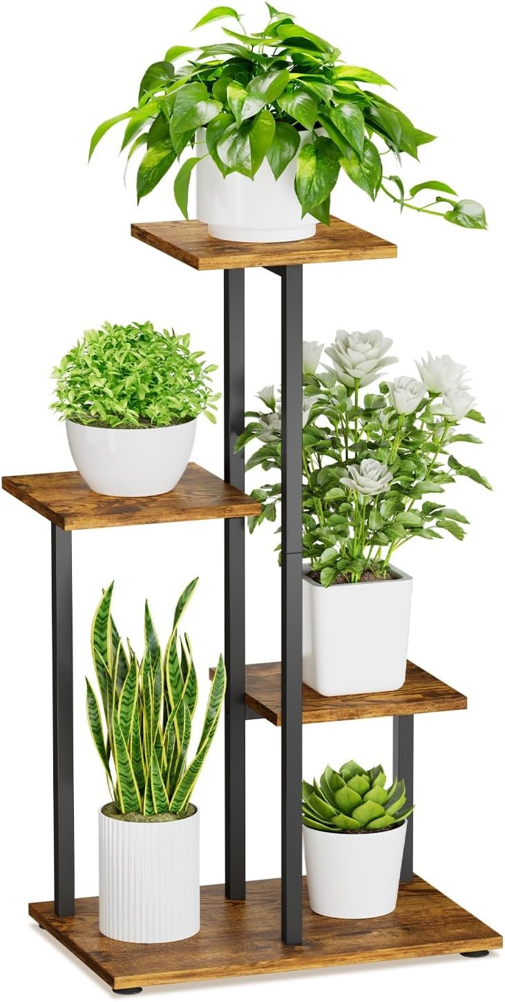 4 Tier Metal & Wood Plant Stand | Tall Corner Indoor Display Shelf for Multiple