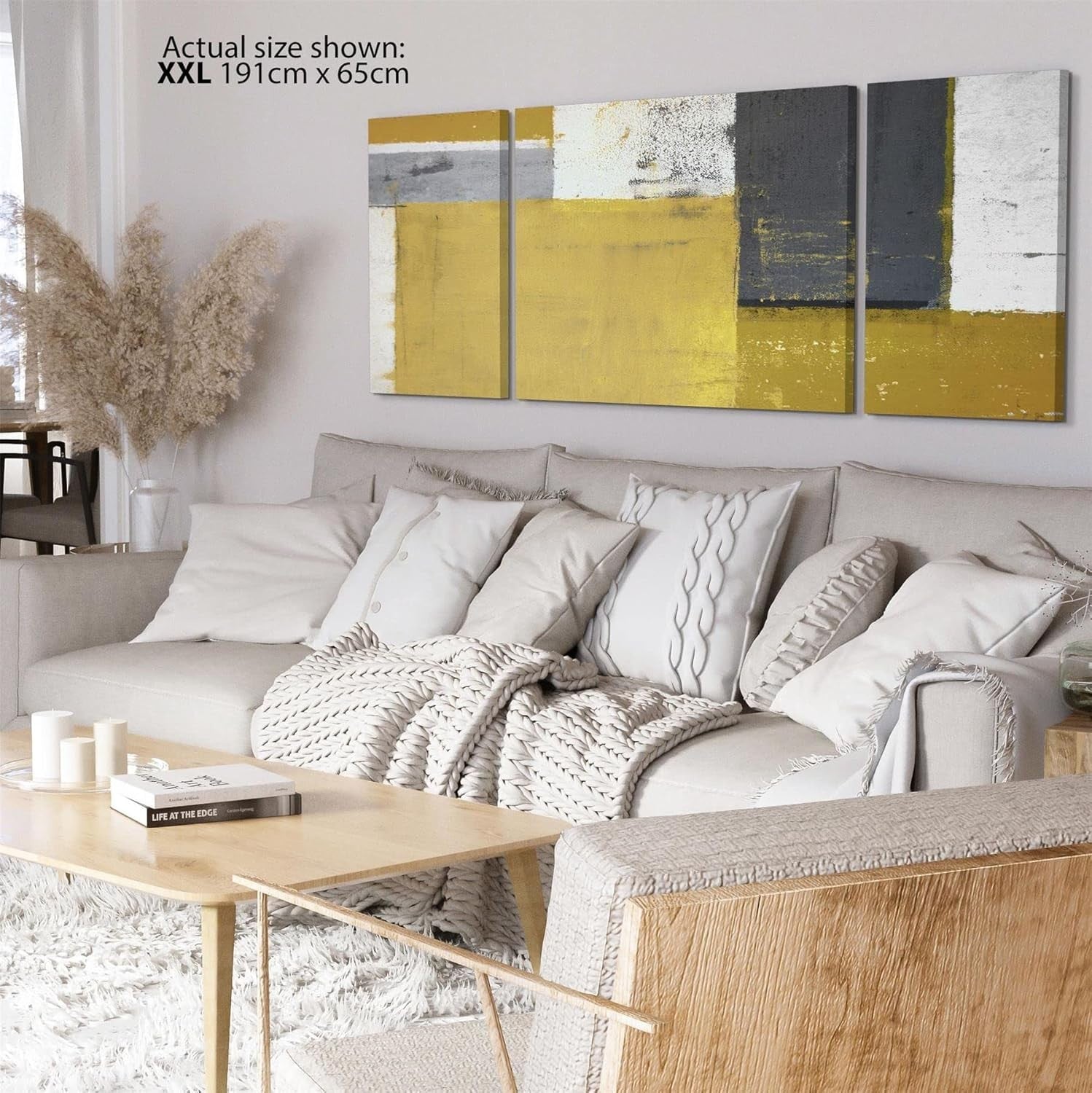 XXL Mustard Yellow Grey Abstract Canvas Wall Art 191x65cm