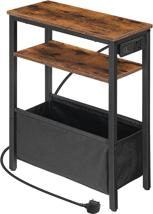 Slim Charging Side Table with USB Ports & Power Outlet, Rustic Storage