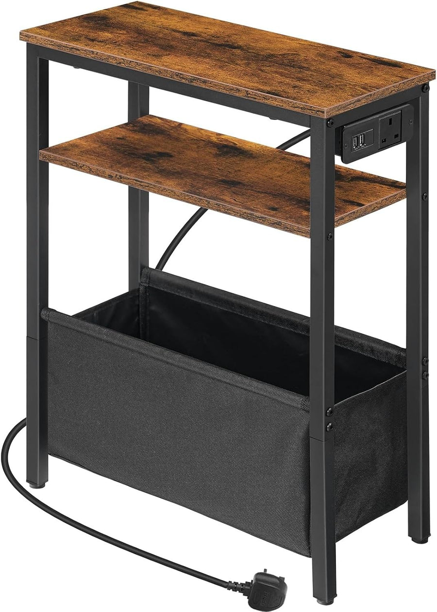 Slim Charging Side Table with USB Ports & Power Outlet, Rustic Storage