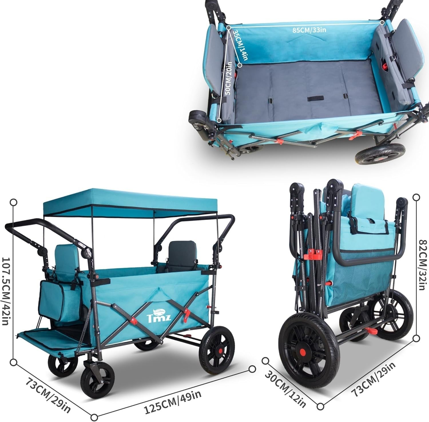 Folding Push Pull Wagon Cart 120kg Capacity w/ Canopy 2 Seats Expandable Design