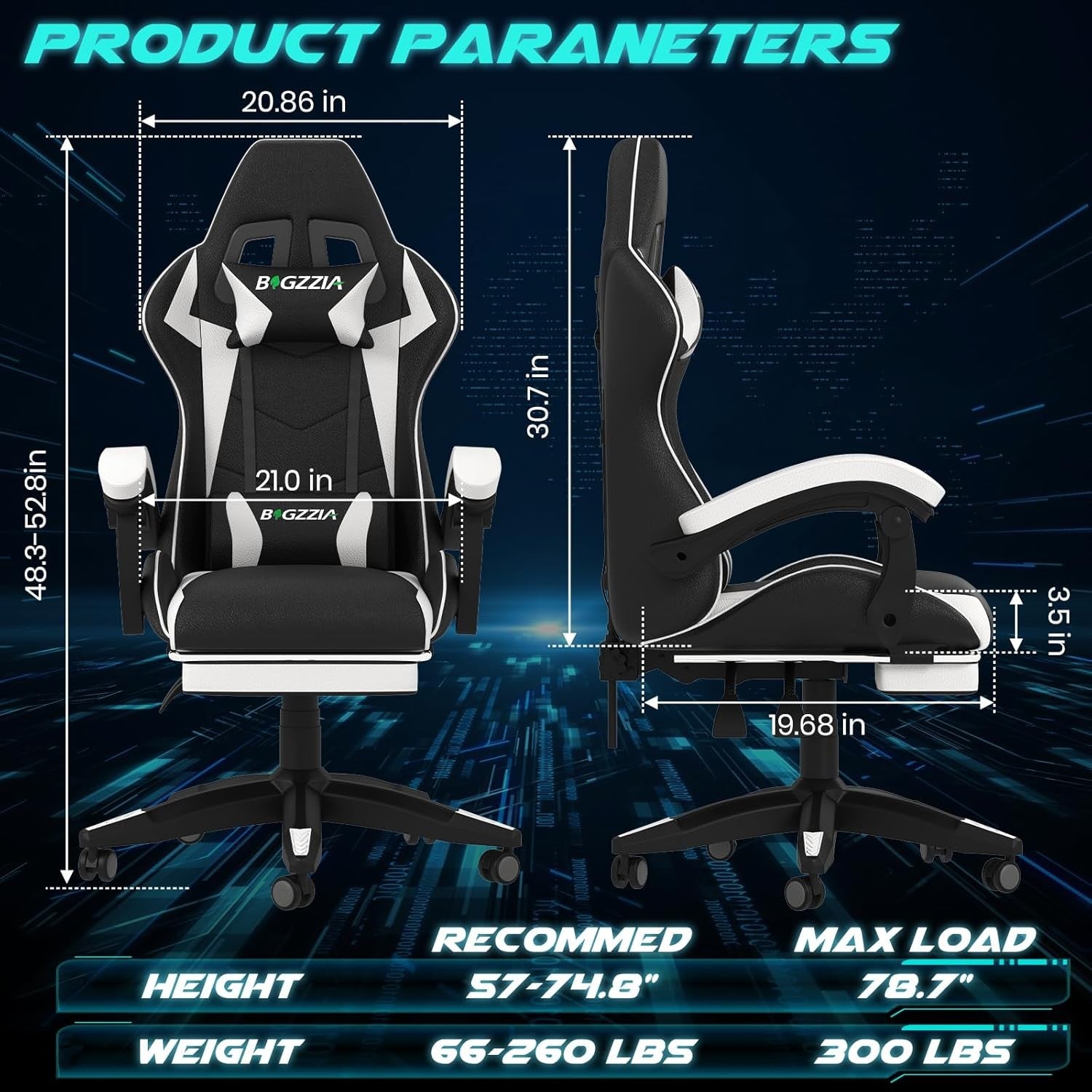 Ergonomic Gaming Chair with Footrest & Lumbar Support – White