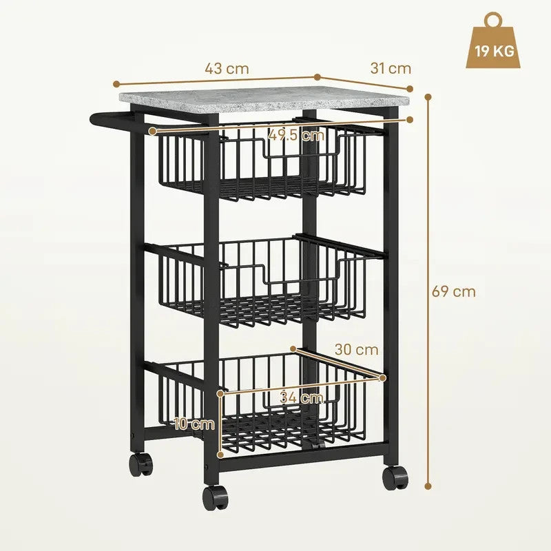 Rolling Kitchen Trolley with 5 Mesh Baskets & Marble Top – Light Grey