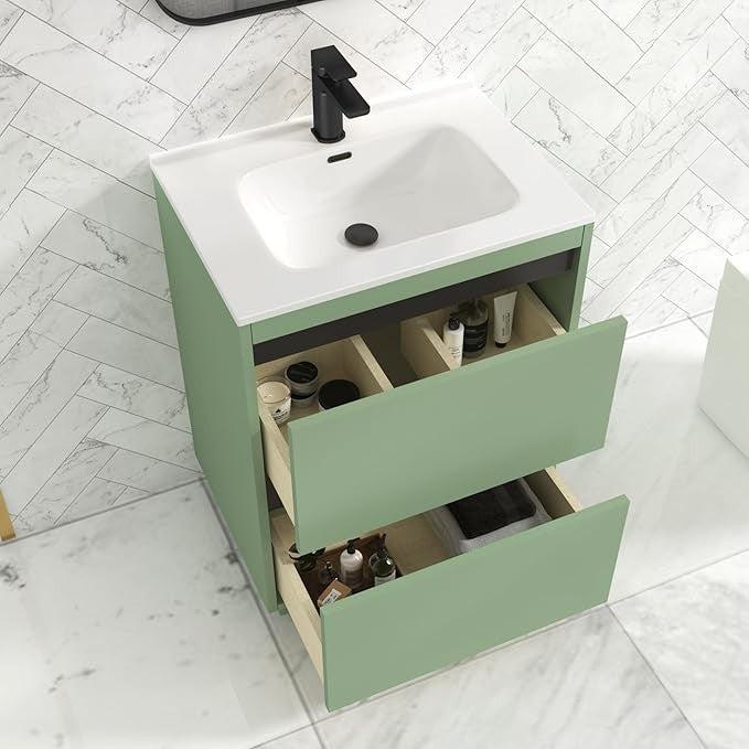 600mm Mint Green Floor Standing Vanity Unit with Basin Sink 2 Drawer Cabinet