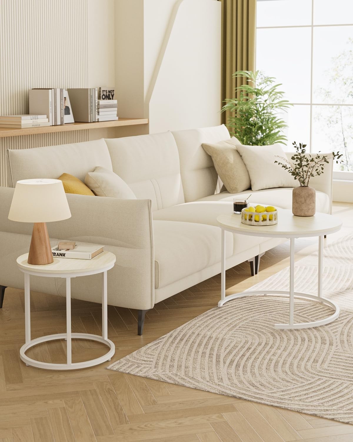 Nest of 2 Coffee Tables Set, Modern Round End Side Sofa Table, Oak/White