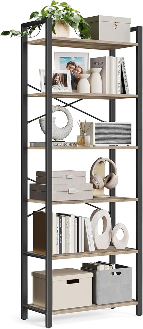 6-Tier Industrial Bookshelf Tall Greige Metal Wood Storage Shelving Unit