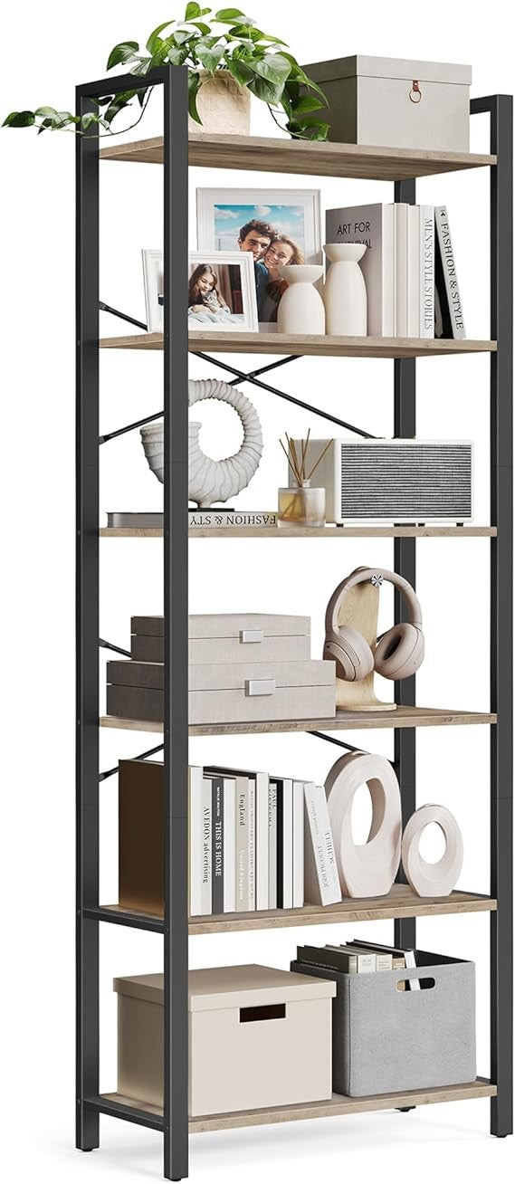 6-Tier Industrial Bookshelf Tall Greige Metal Wood Storage Shelving Unit