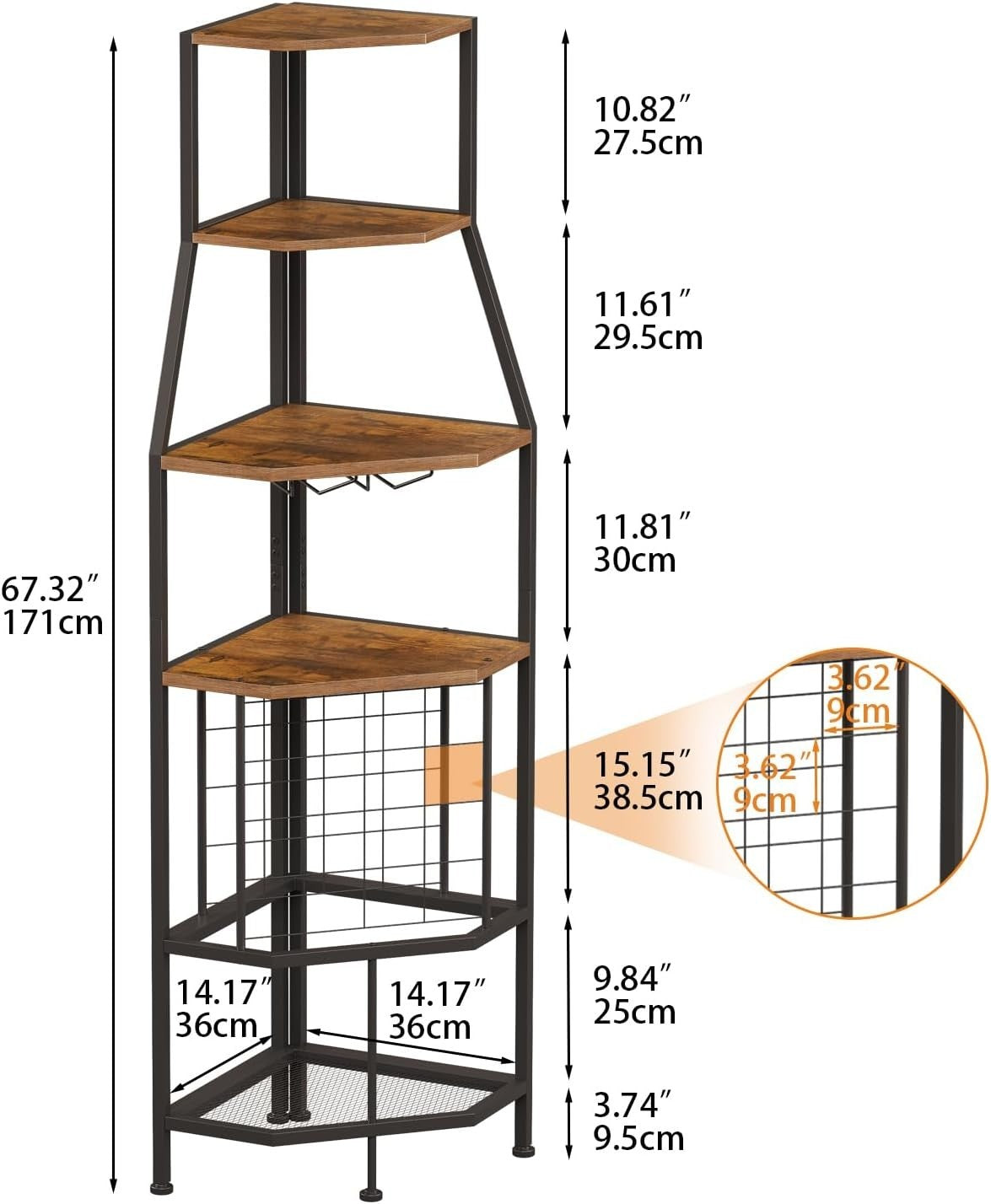 5-Tier Corner Wine Rack Bottle Storage Cabinet with Glass Holder Rustic Brown