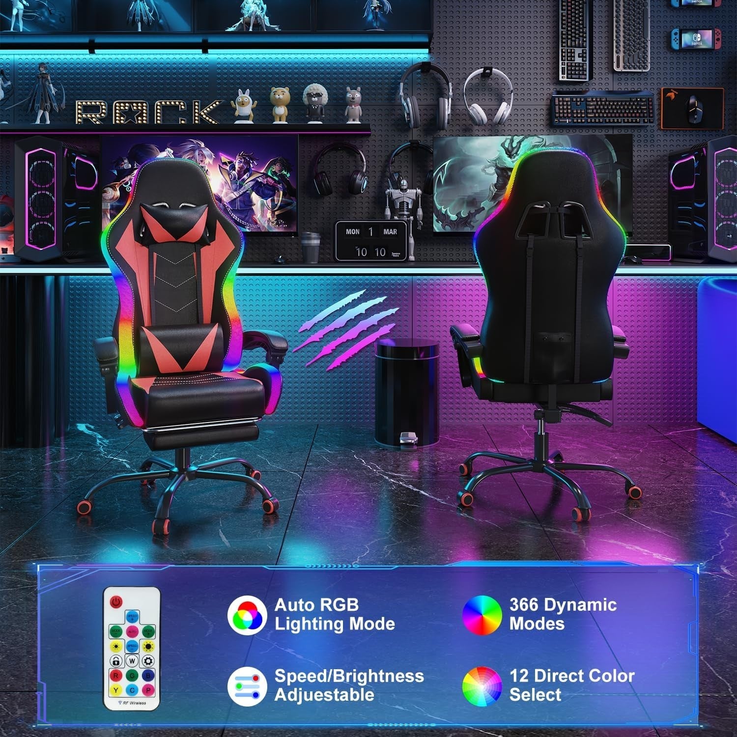 Gaming Chair Red LED High Back Reclining PU Leather Office Racing Seat Massage