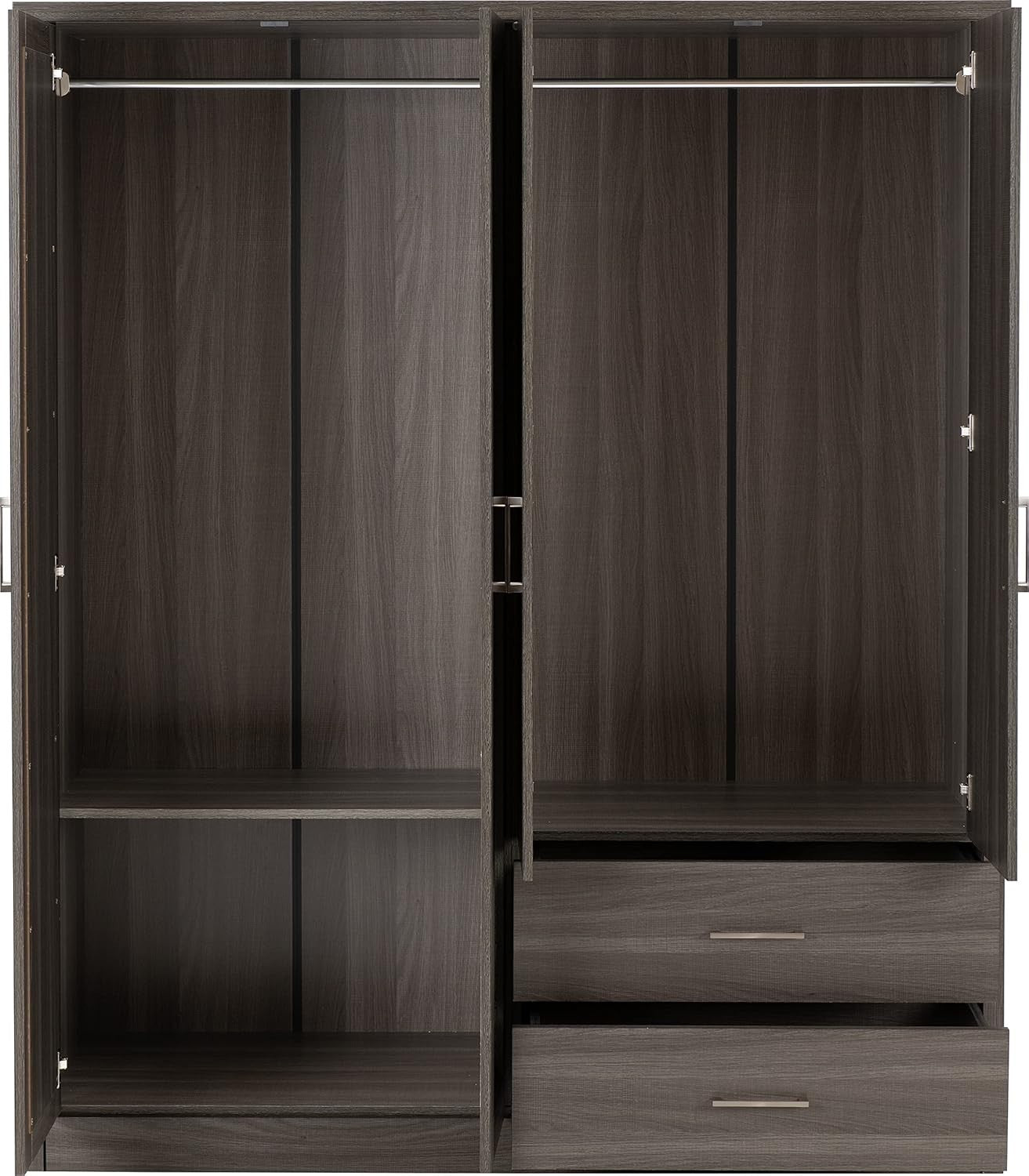 Black Wood 4 Door Wardrobe with Mirror & Drawers Modern Storage Unit