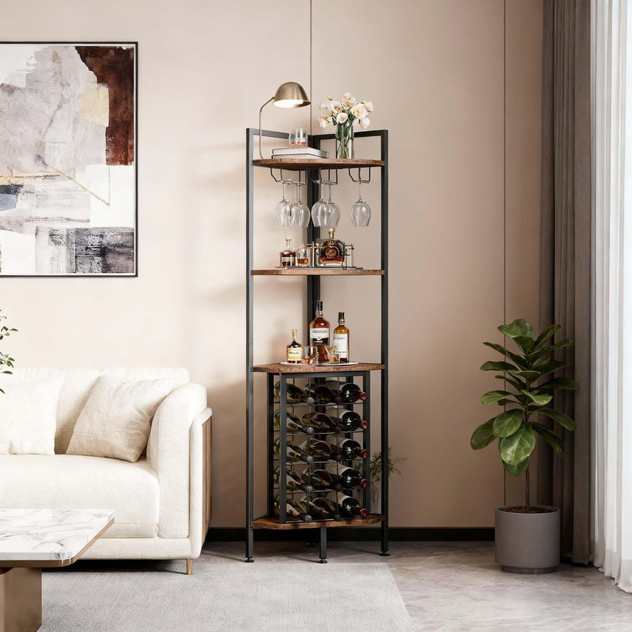Corner Wine Rack Cabinet with Glass Holder 4-Tier Liquor Storage Shelf Unit