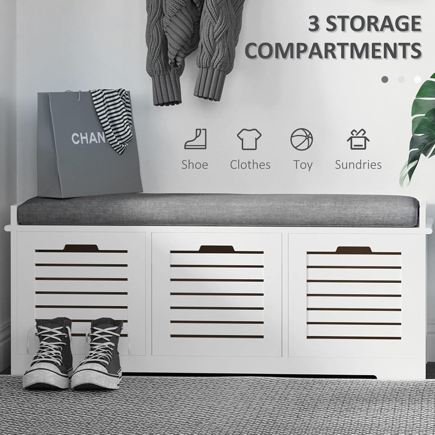 Shoe Storage Bench with 3 Drawers & Removable Cushion – Grey Hallway Seat