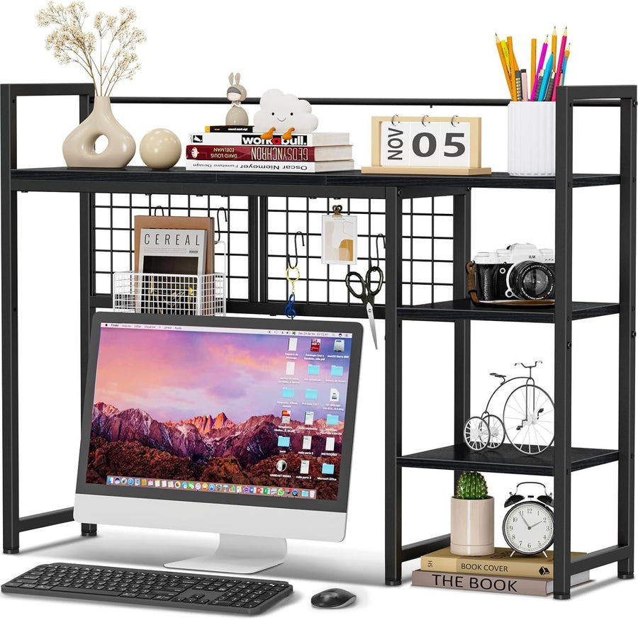 38.6" Desk Hutch Shelf with Pegboard Hooks | 4-Tier Desktop Organizer Rack Black