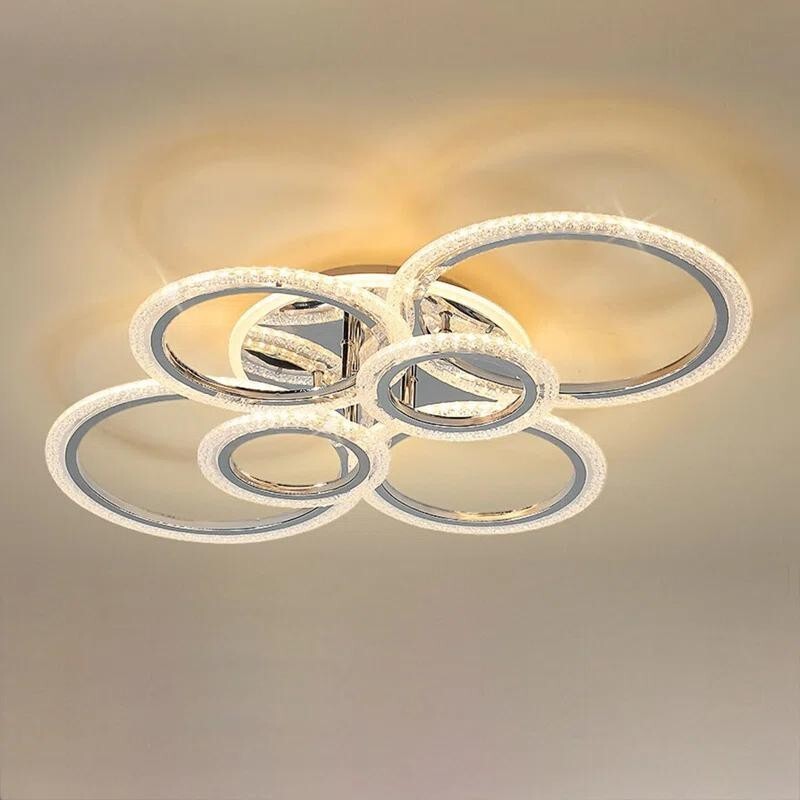 Modern LED 6 Ring Ceiling Light Chrome 76W Dimmable Flush Mount Remote