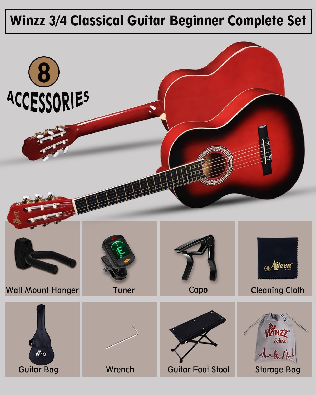 3/4 Classical Guitar 36in Kids Nylon String Starter Kit Red