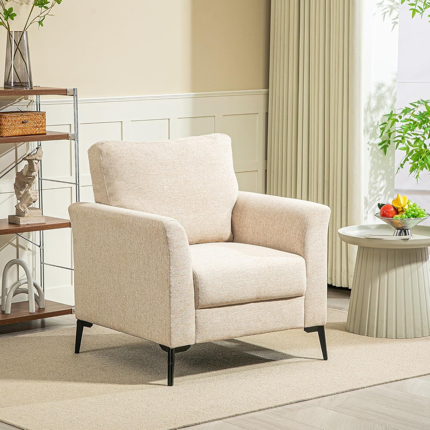 Beige Linen Armchair with Padded Seat & Metal Legs for Lounge or Office