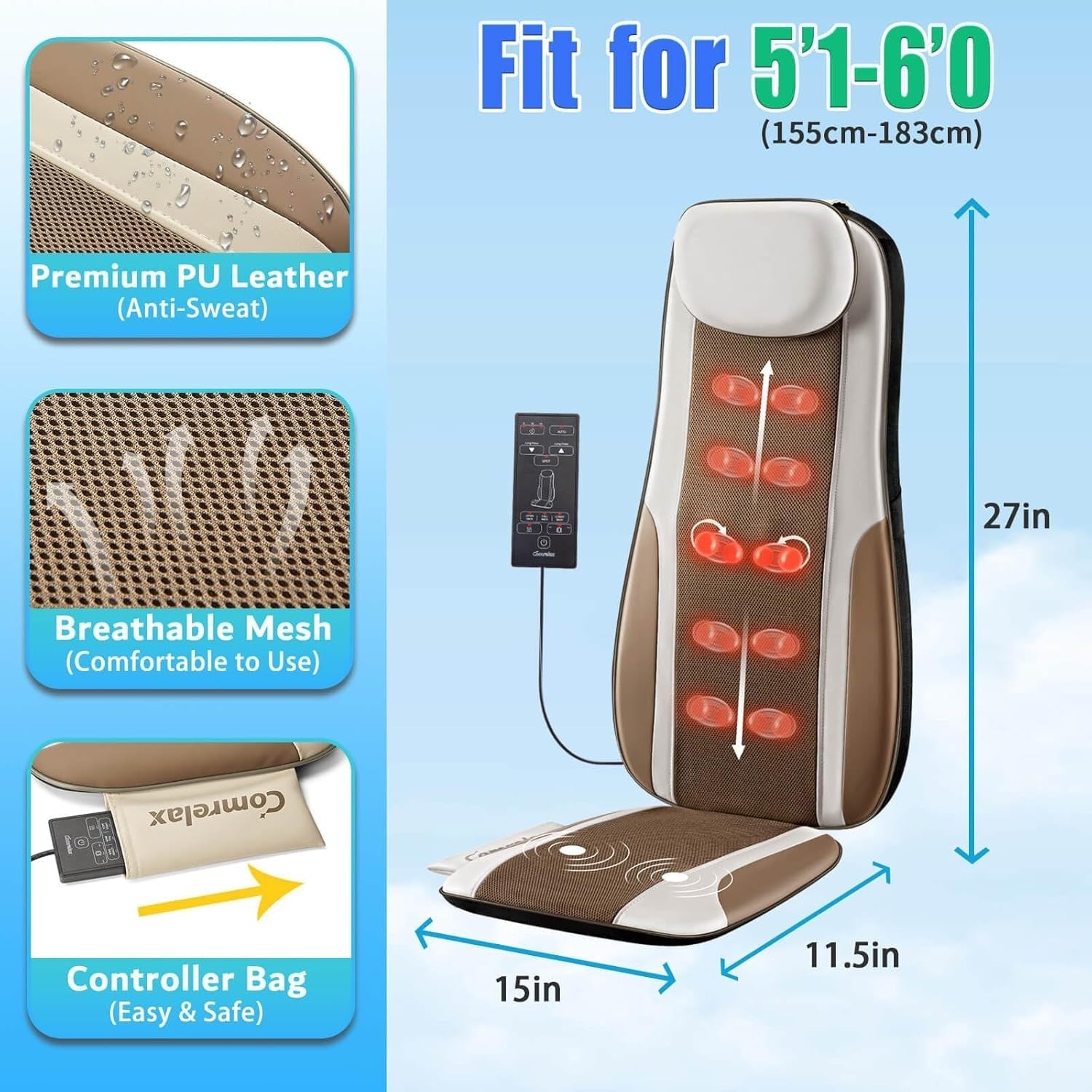 Shiatsu Back Massager Chair Pad Heat Kneading Roller Seat Cushion Brown