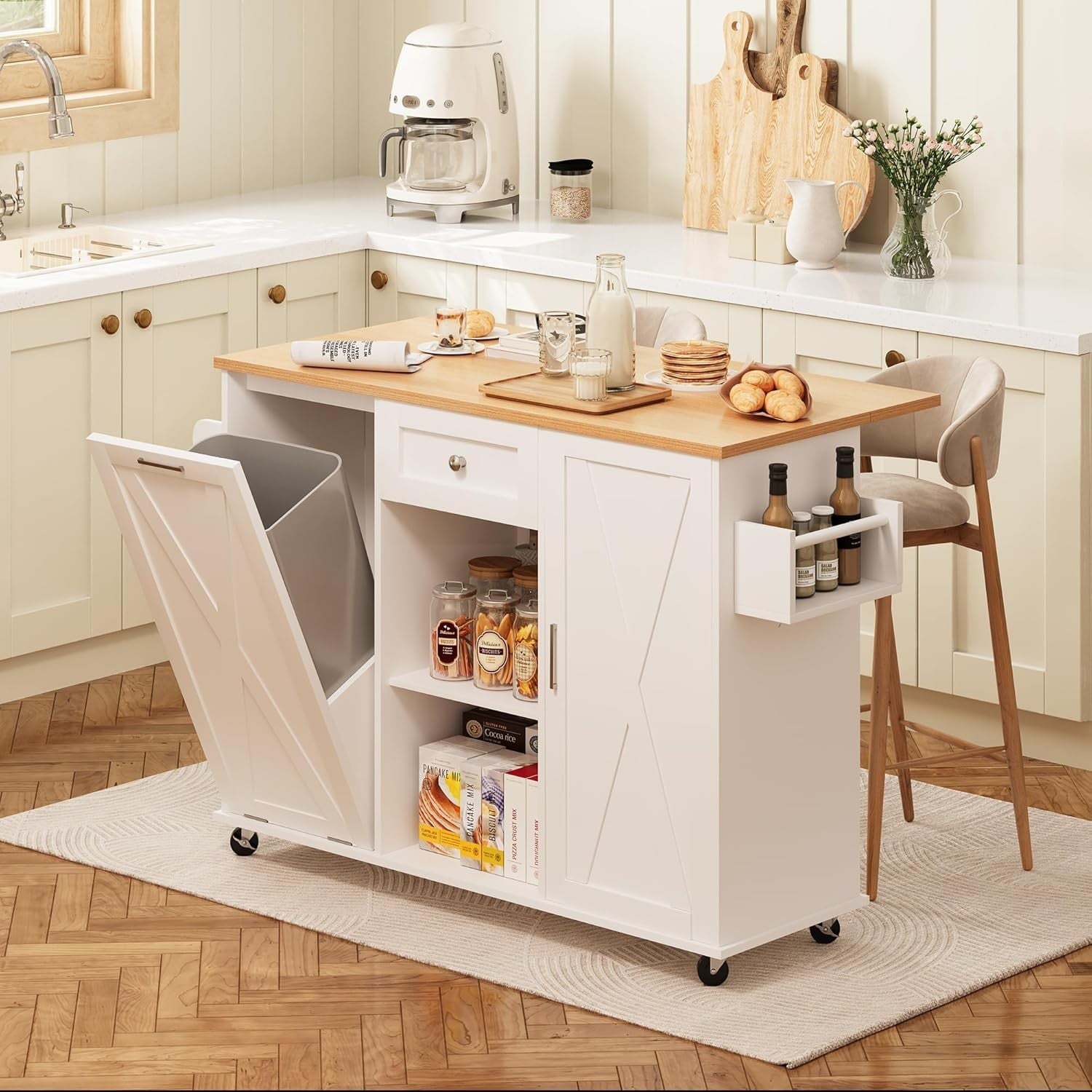Rolling Kitchen Island Cart with Drop-Leaf, Trash Storage & Spice Rack, 120x40x8