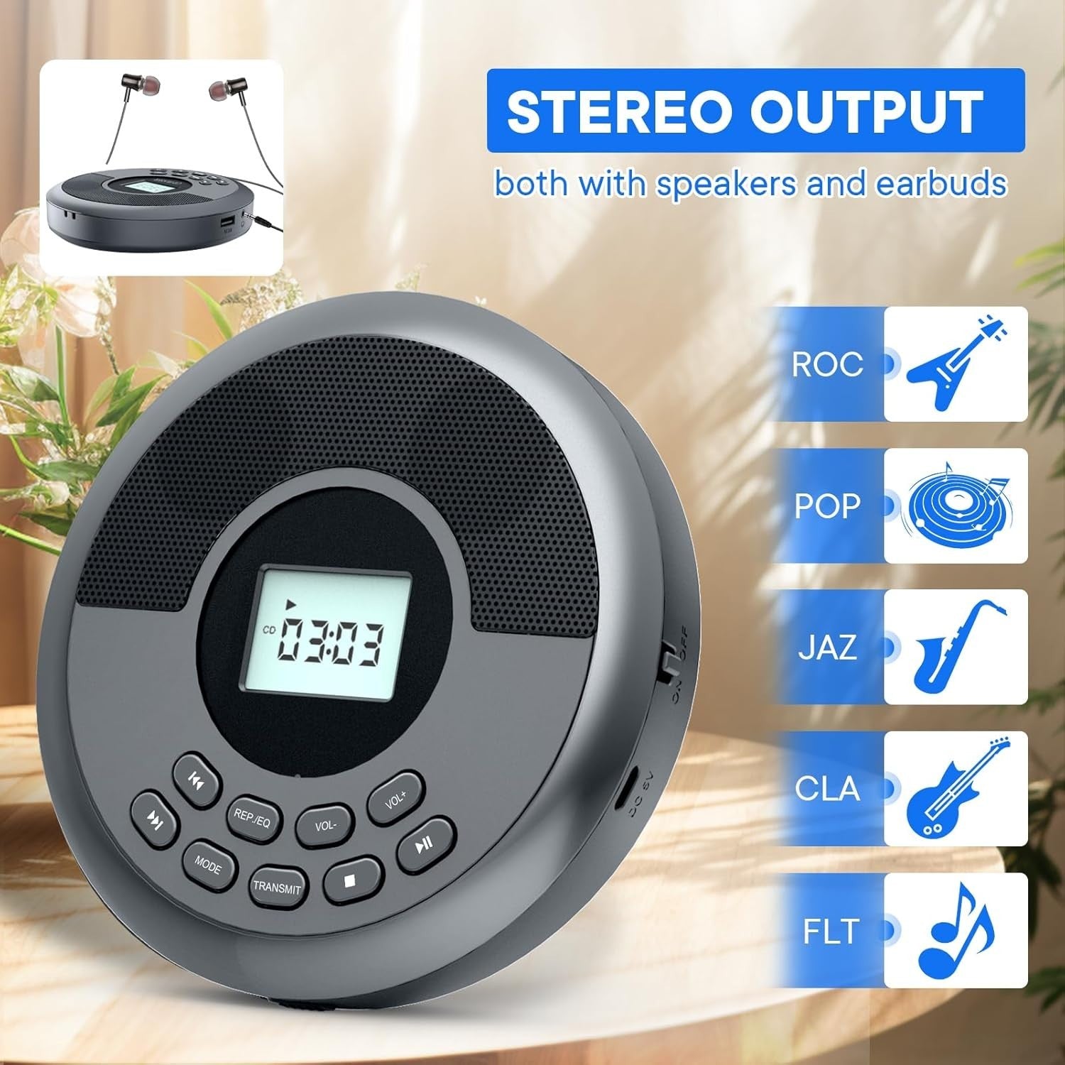 Portable CD Player Bluetooth Rechargeable Anti-Skip Speakers AUX Car