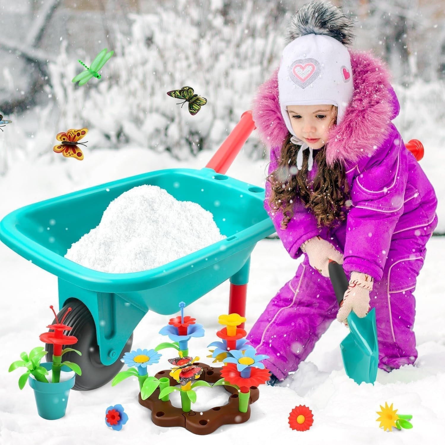 Kids Garden Wheelbarrow Toy Set – Outdoor Play Tools w/ Flowers & Watering Can