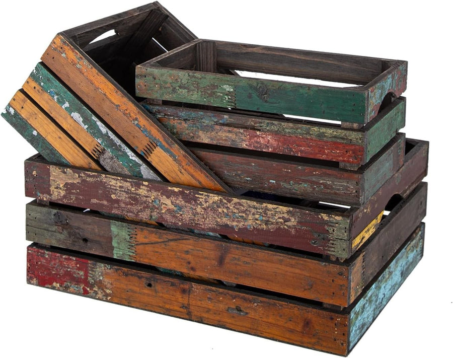 3 Pack Distressed Wooden Storage Crates Rustic Farmhouse Set
