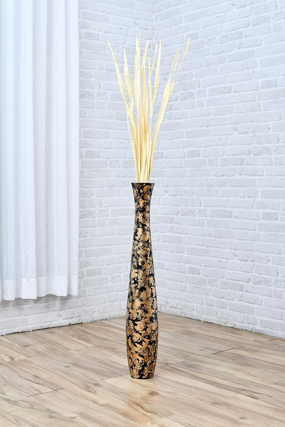 Gold Black Floor Vase 65cm Tall Wooden Decor for Pampas Grass