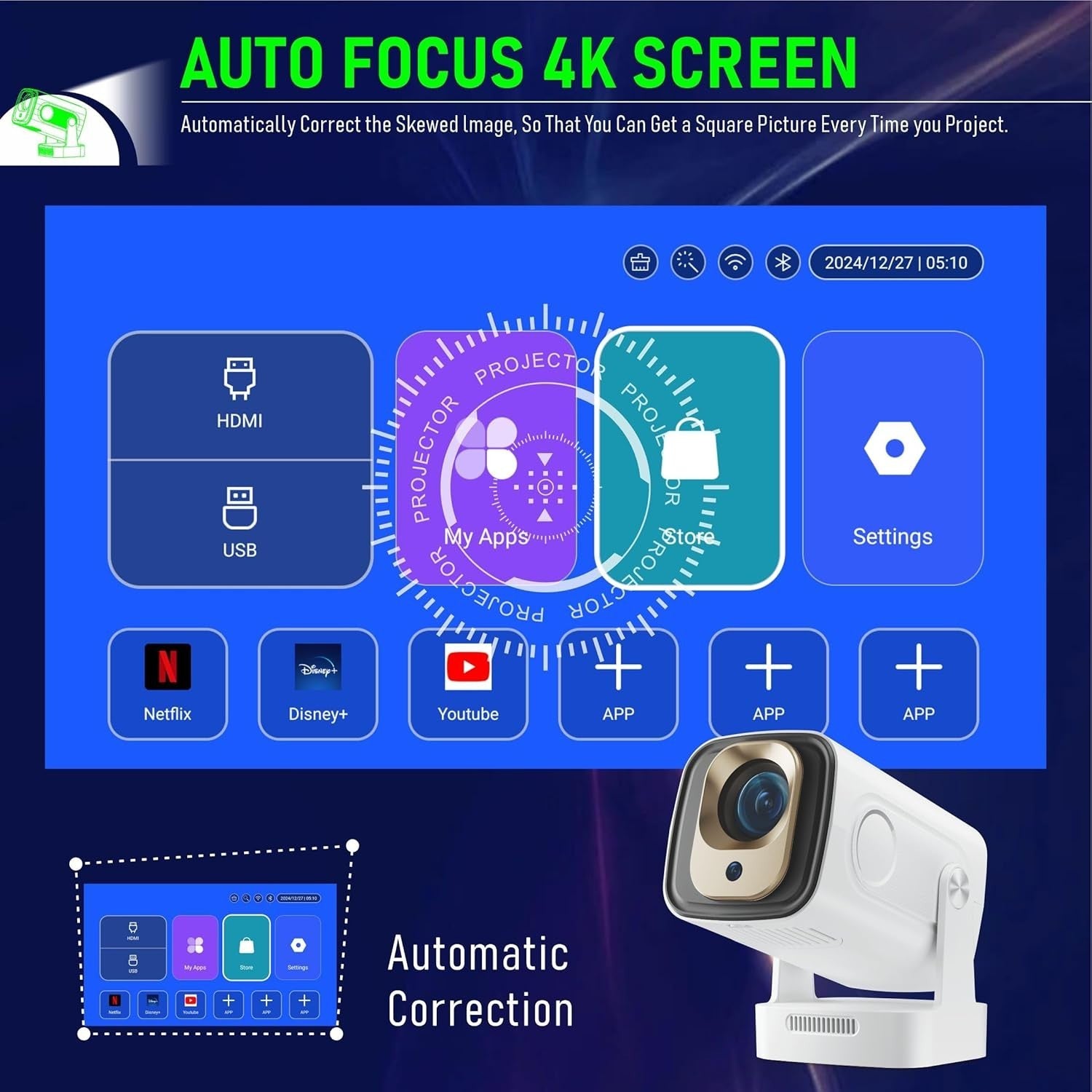 Mini 4K Smart Projector 1080P Netflix WiFi Bluetooth Auto Focus