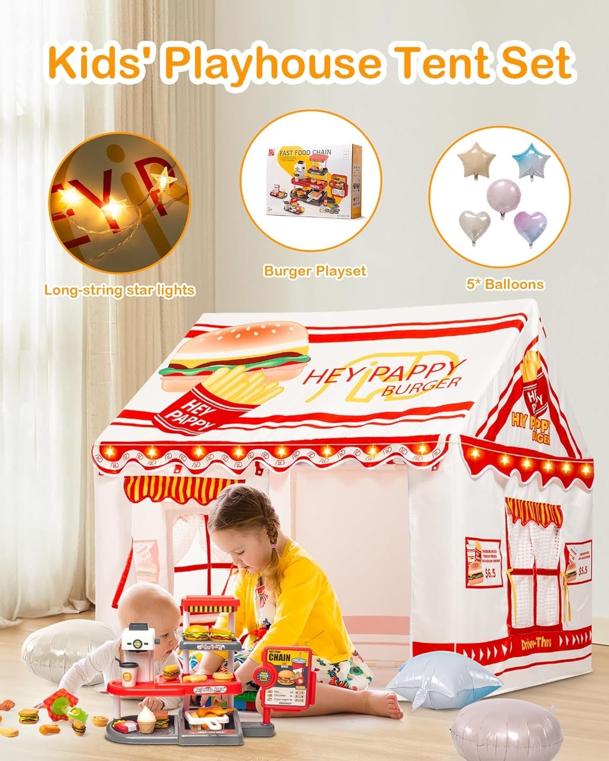 Burger Shop Kids Play Tent Indoor Outdoor w Lights Toys Windows