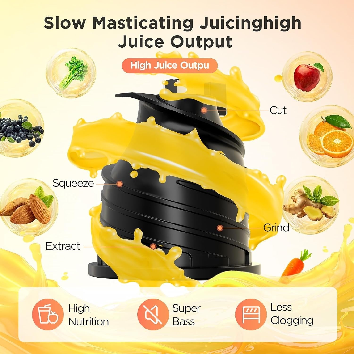Cold Press Juicer Whole Fruit 5in Feed Chute High Juice Yield Easy Clean