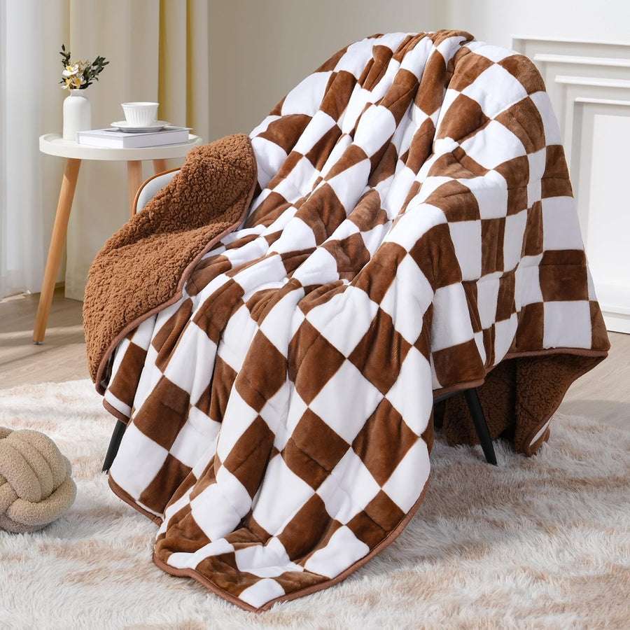 Weighted Blanket 15lb Sherpa Flannel Soft Warm Calming Throw 48x72 Plaid Khaki