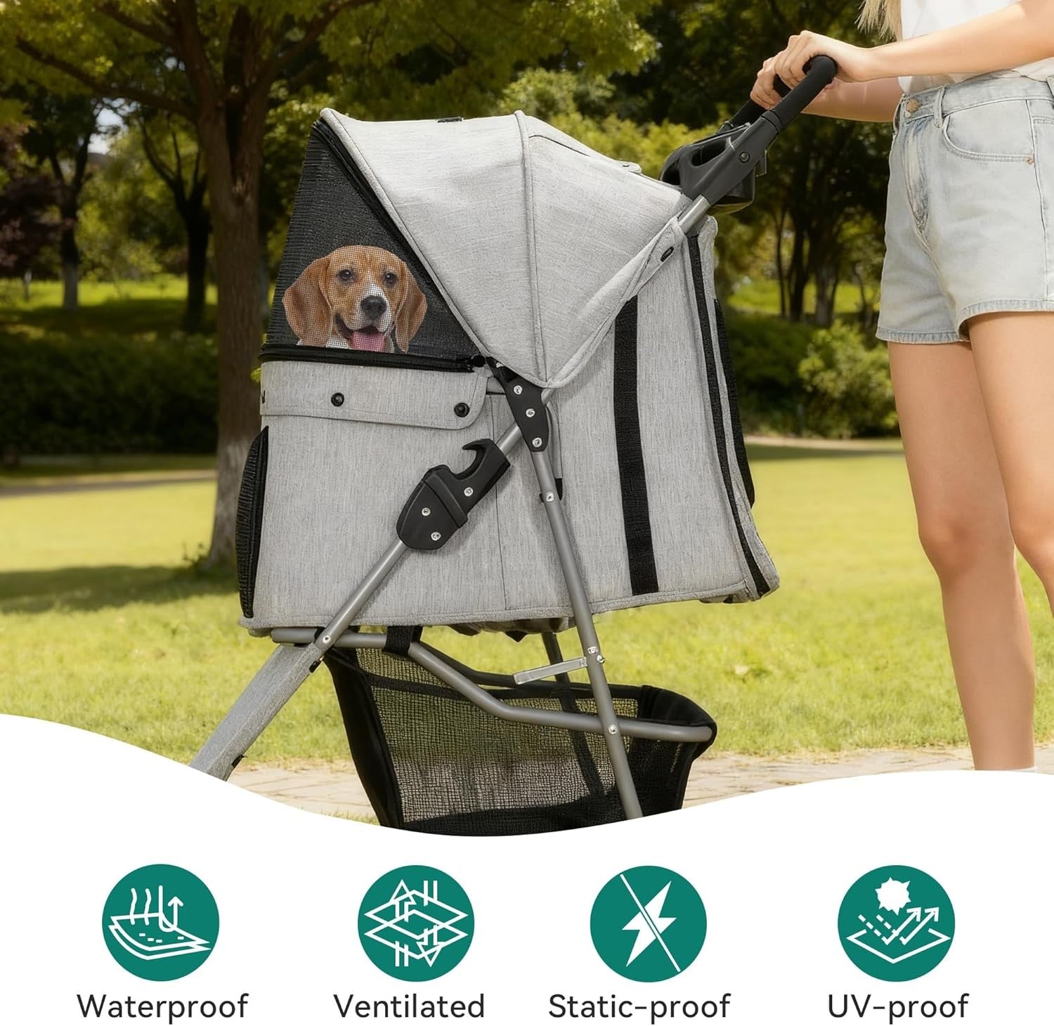 3 Wheel Dog Stroller Folding Pet Pram 15kg Mesh Windows Brakes Cup Holder