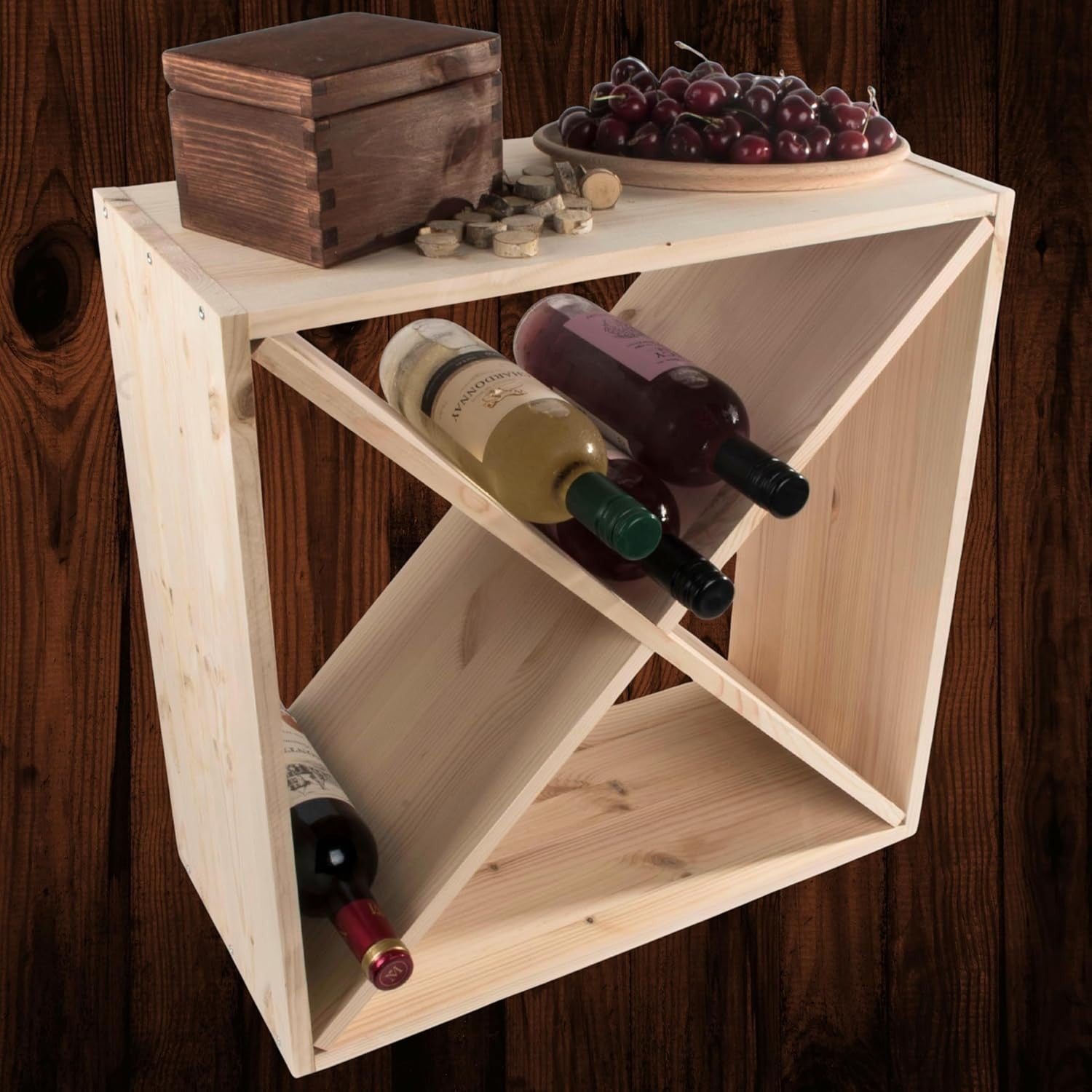 24 Bottle Wooden Wine Rack Solid Pine Freestanding Cube Storage Shelf Rustic