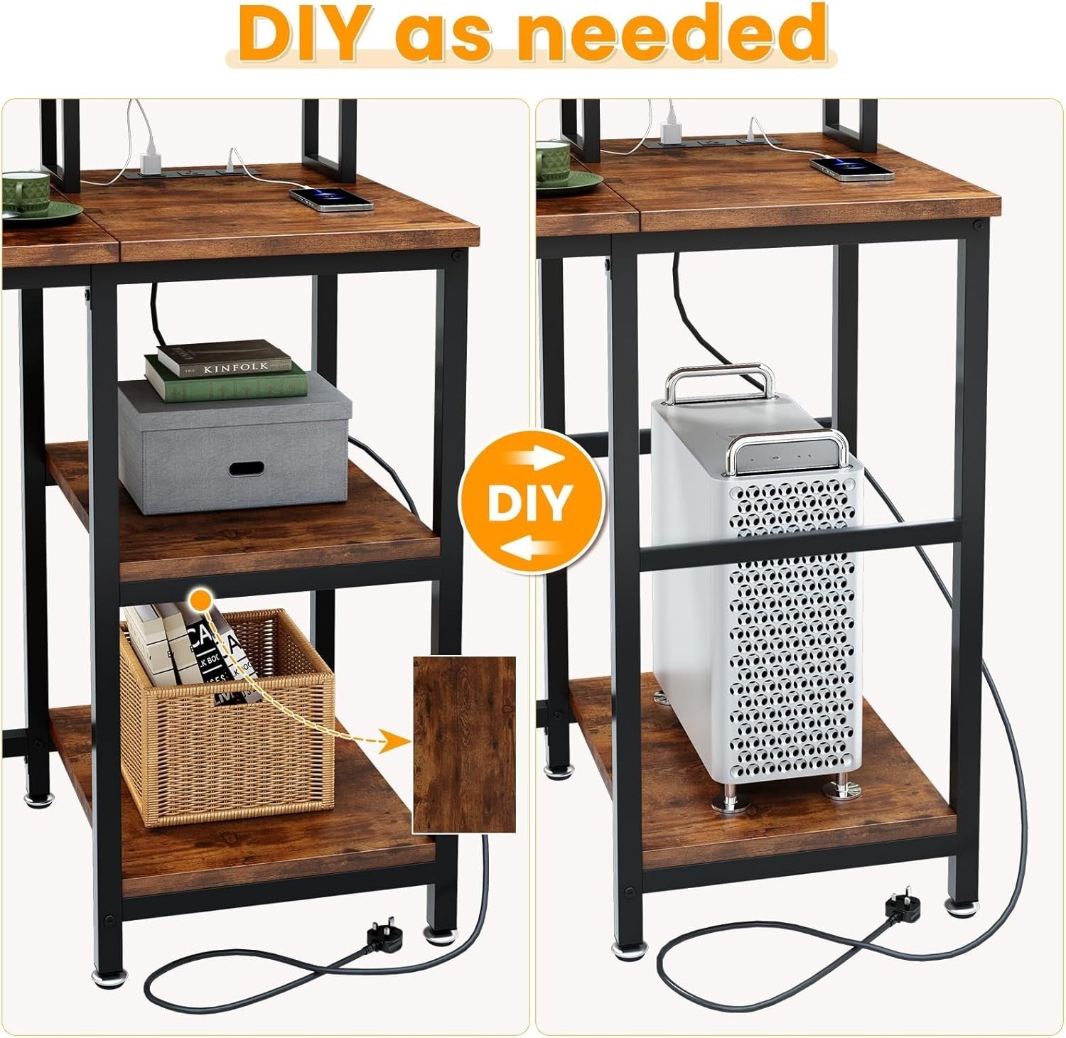 Reversible Rustic Brown Computer Desk w/Power Outlet & Monitor Stand