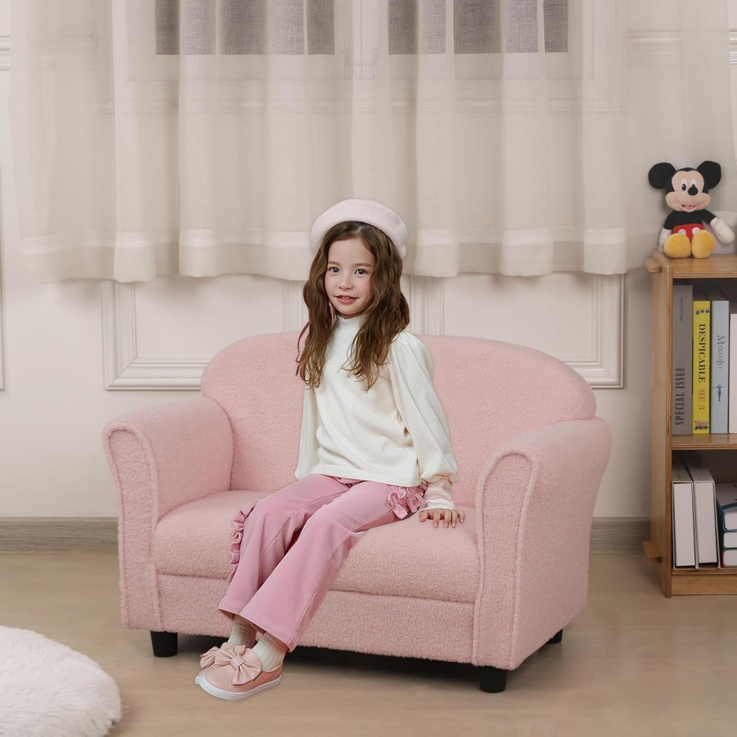 Children Double Seater Sofa Couch Pink Toddler Armchair Sherpa Fabric 0-3Y