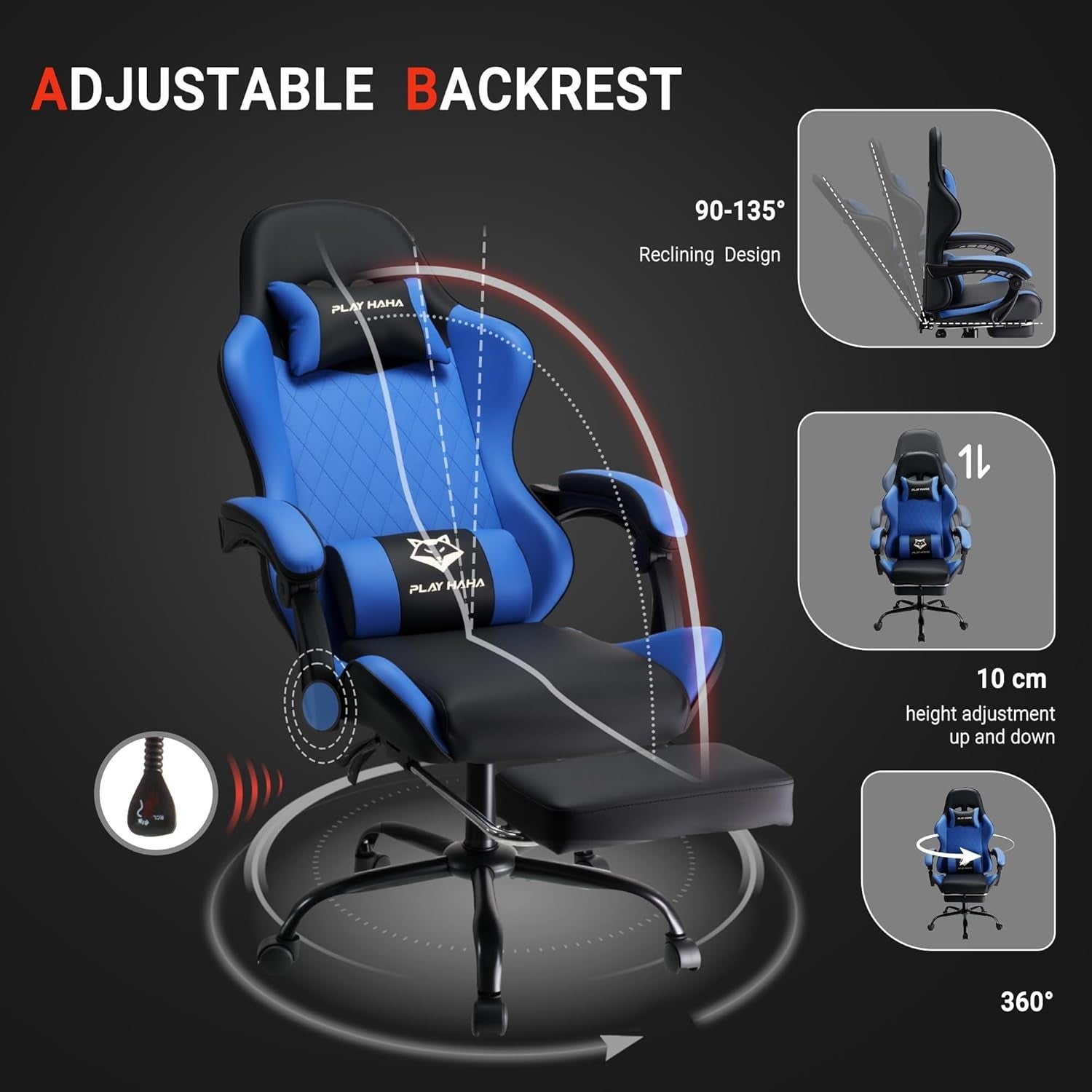 Reclining Gaming Chair w/ Footrest Ergonomic Office Desk Chair Blue