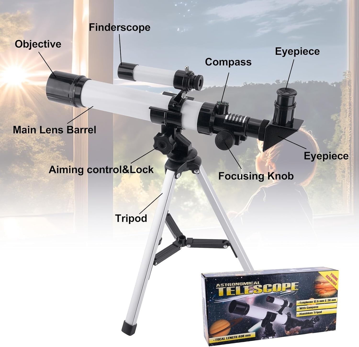 40mm 400mm Beginner Refractor Telescope w/ Tripod Finder Scope Silver