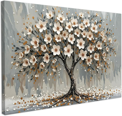 White Floral Tree Canvas Wall Art Framed Modern Living Room Decor 59x39cm