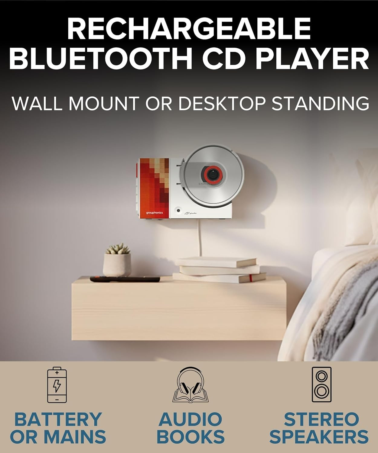 Portable CD Player Bluetooth Rechargeable w/ Speakers Wall Mount Remote