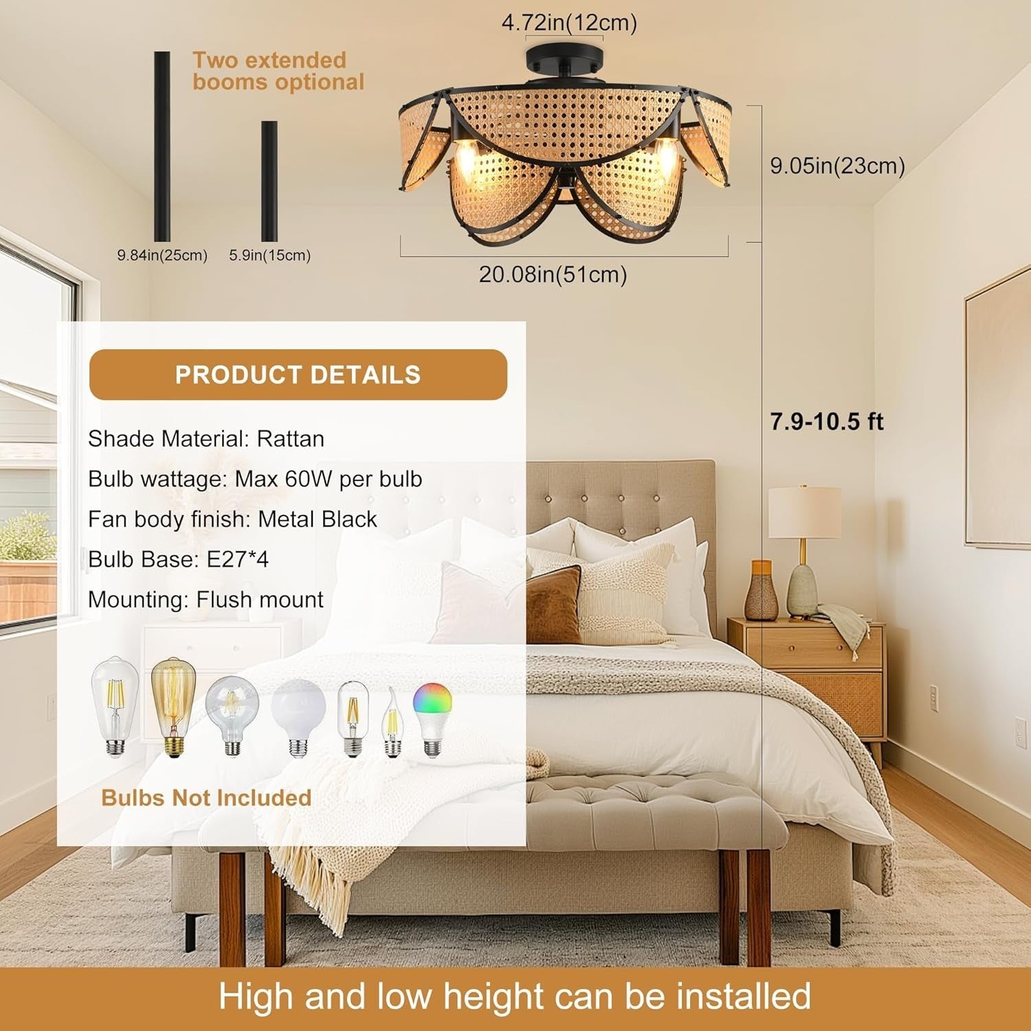Boho Rattan Ceiling Fan Light 51CM, 6-Speed, Remote, APP, Black