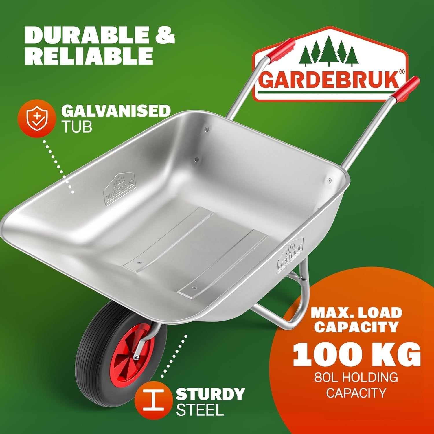 80L Wheelbarrow Silver – Galvanised Steel w/ Pneumatic Tyre Heavy Duty 100kg